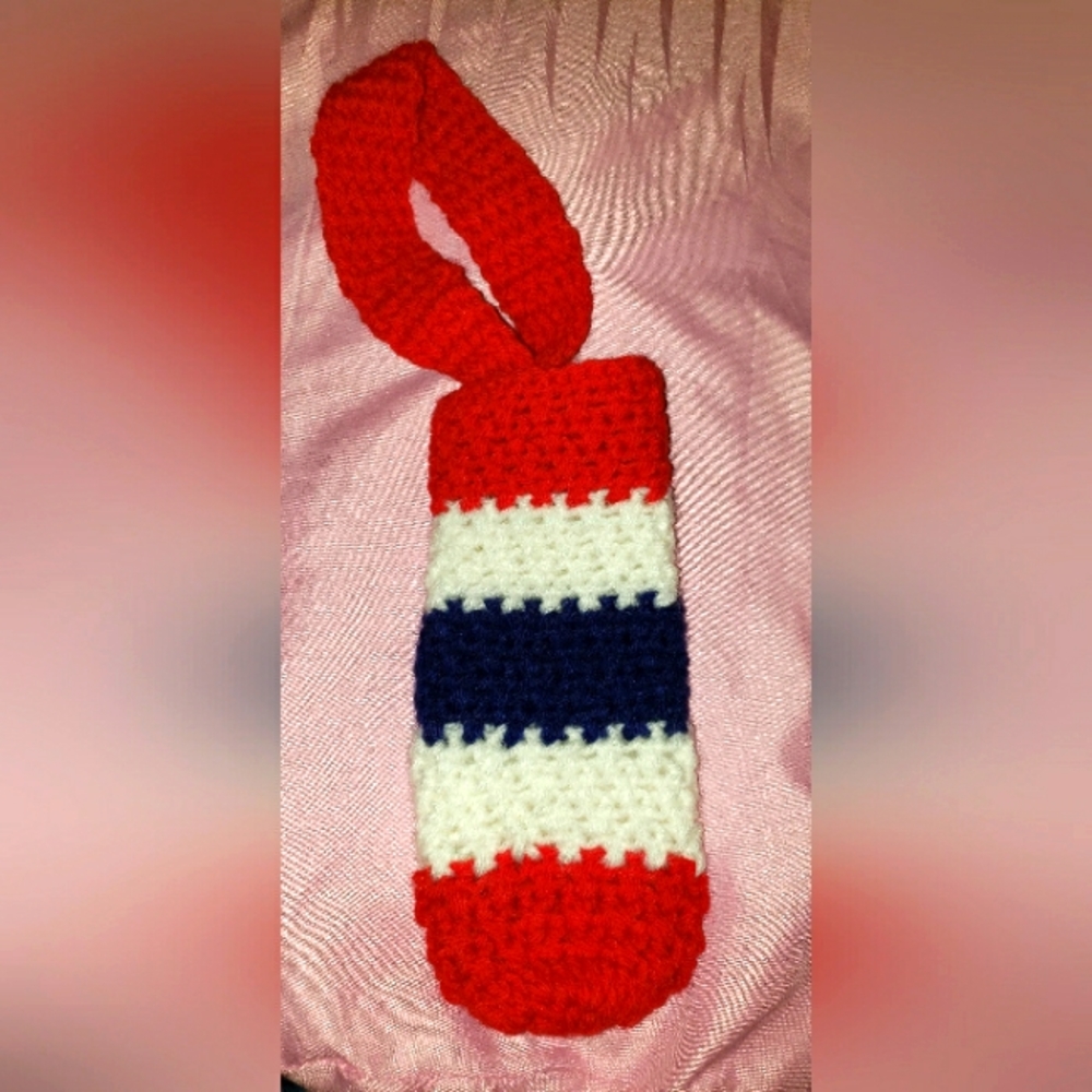 HAND MADE RED WHITE AND BLUE BOTTLE WRIST HOLDER MADE WITH LOVE BY GRANDMA (MOM)